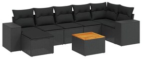 Set divani da giardino con cuscini 8 pz nero in polyrattan