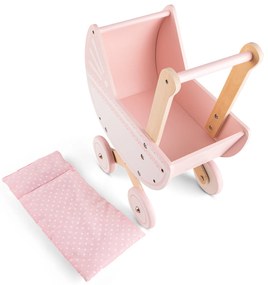 Passeggino per bambole in legno con coperta e cuscino - rosa