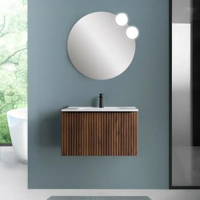 Mobile bagno sospeso 80 cm Noce Maya cannettato con cassetto, specchio e lavabo Nara