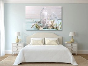 Quadro su tela – Ramo di ciliegio e lanterne bianche
