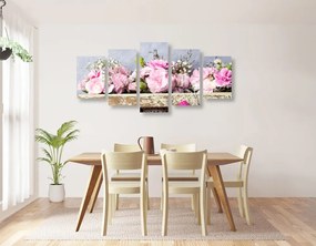 Quadri 5 pezzi – Fiori di garofano in cassetta di legno