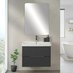 Mobile bagno sospeso 80cm antracite cannettato con cassetti, specchio e lavabo Mia