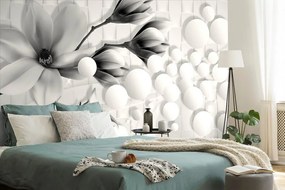 Carta da parati – Magnolia in bianco e nero con elementi astratti