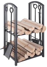 Cesto di legno con attrezzi per il camino 5 pz nero