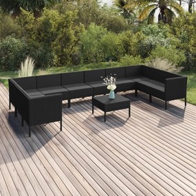 Set divani da giardino 11 pz con cuscini in polyrattan nero