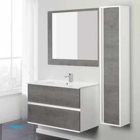 Mobile Bagno Sospeso "Fabula" Da 90 Cm Composto Da Due Cassetti Lavabo E Specchio Finitura Bianco/Cemento