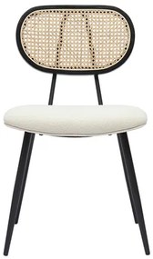 Sedie design in tessuto effetto lana bouclé bianco crema, metallo nero e motivo a intreccio rattan naturale (set di 2) TOLMA