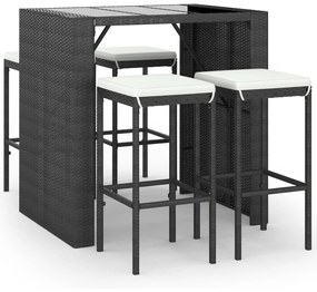 Set bar da giardino 5 pz con cuscini in polyrattan nero