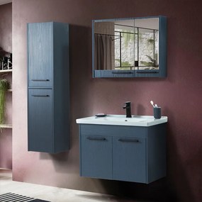 Mobile bagno sospeso 65 cm blu effetto legno con armadietto a specchio Sofia