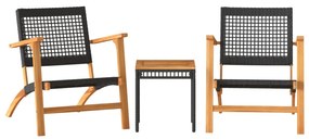 Set da bistrot 3 pz nero in polyrattan e legno massello acacia