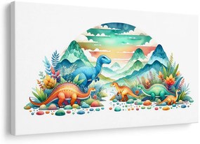 Quadro su tela – Dinosauri colorati tra le montagne