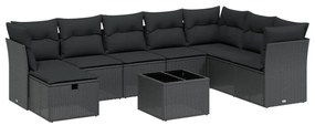 Set divani da giardino 9 pz con cuscini nero in polyrattan