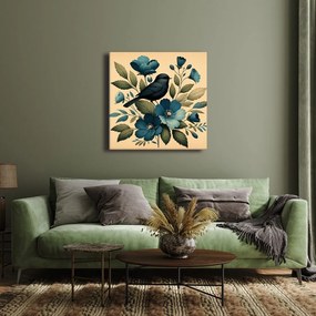 Quadro su tela – Uccellino su ramo con fiori blu