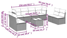 Set divano da giardino 9 pz con cuscini grigio in polyrattan