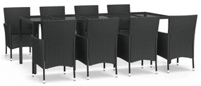 Set da pranzo da giardino 9 pz con cuscini nero in polyrattan