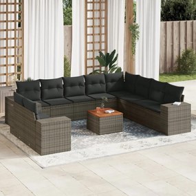 Set divani da giardino 11 pz con cuscini in polyrattan grigio