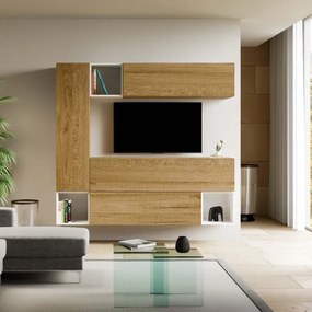 Parete attrezzata Isoka A26 L.214 H.194 P.39,5 Quercia e Bianco