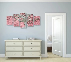 Quadri 5 pezzi – Albero astratto su legno con contrasto rosa