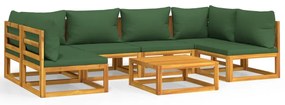 Set salotto da giardino 7pz con cuscini verdi in legno massello