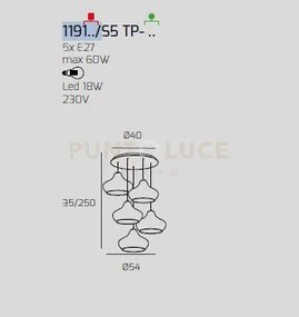 Sospensione bianco 5 luci tonda vetri piccoli rubino 1191bi-s5 tp-ru