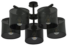 Plafoniera Industrial 5 Luci Cigno In Acciaio Nero E Paralumi A Cilindro