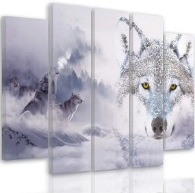 Quadri Quadro 5 pezzi Stampa su tela Wolf Fog Forest Grey  Dimensioni Tappeti 100x70