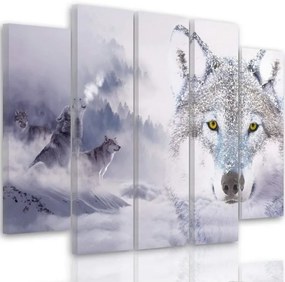 Quadri Quadro 5 pezzi Stampa su tela Wolf Fog Forest Grey