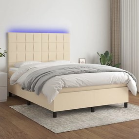 Letto a molle con materasso e led crema 140x200 cm in tessuto