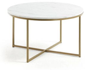 Kave Home - Tavolino Sheffield in marmo bianco e gambe in acciaio finitura oro Ã˜ 80 cm