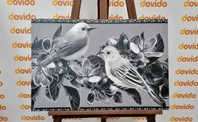 Stampa su tela – Uccellini e fiori in bianco e nero in versione vintage