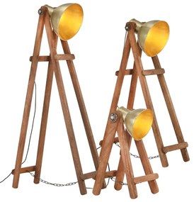 Lampade Da Pavimento 3 Pz Ottone E27 Legno Massello Di Mango /