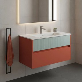 Mobile da bagno sospeso sotto lavabo Niwa 2 cassetti L 89.5 x H 50 x P 45.5 cm paprika e verde timo cannettato