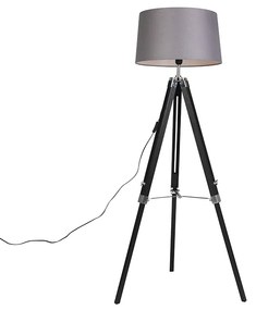 Lampada da terra treppiede nera con paralume 45 cm lino grigio scuro