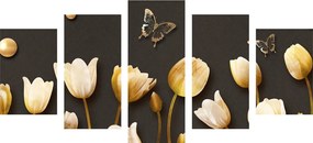 Quadri 5 pezzi – Tulipani con motivo dorato