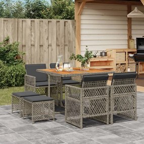 Set da pranzo da giardino 9 pz con cuscini in polyrattan grigio