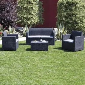 Salotto Nebraska con cuscini - struttura in wicker bianco, marrone, nero o tortora, Nero