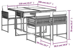 Set da pranzo da giardino 5 pz con cuscini in polyrattan grigio