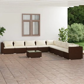 Set Divani da Giardino 10 pz con Cuscini in Polyrattan Marrone