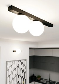 Plafoniera Moderna 2 Luci Fit Barra In Acciaio Nero E Sfere Di Vetro Opale