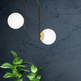 Lampadario 2 Luci Kalf In Acciaio Nero A Bracci E Sfere In Vetro Opalino E Oro