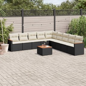 Set divani da giardino 10pz con cuscini in polyrattan nero