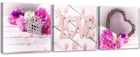 Quadri Quadro Multipannello Fiore rosa iscrizione LOVE  Dimensioni 150x50