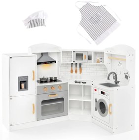 Costway Set gioco da cucina per bambini d'angolo con cappa macchina di ghiaccio microonde, Cucina giocattolo in legno