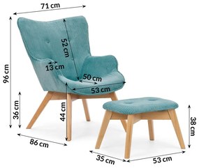 Poltrona con poggiapiedi turchese con rivestimento in velluto a coste Niko – Ropez