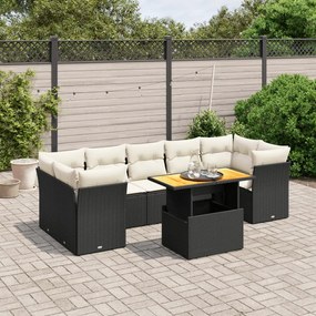 Set divani da giardino con cuscini 8 pz nero in polyrattan