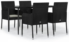 Set da pranzo da giardino 5 pz nero con cuscini in polyrattan
