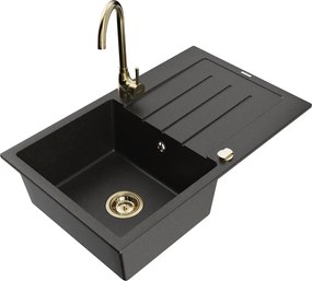 Mexen Bruno lavello in granito 1-vasca con sgocciolatoio e rubinetto da cucina Telma, nero/oro - 6513-75-670200-50