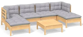 Set divani da giardino 7 pz con cuscini grigi massello di pino