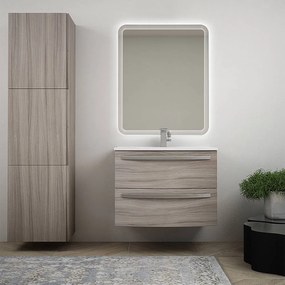 Mobile bagno moderno sospeso curvo 75 cm larice specchio retroilluminato lavabo ceramica e colonna 170 cm Serie Berlino