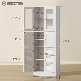 Mobile Bagno 60x30x170 cm con 3 Armadietti a 2 Ante in Vetro e Legno  Bianco...
